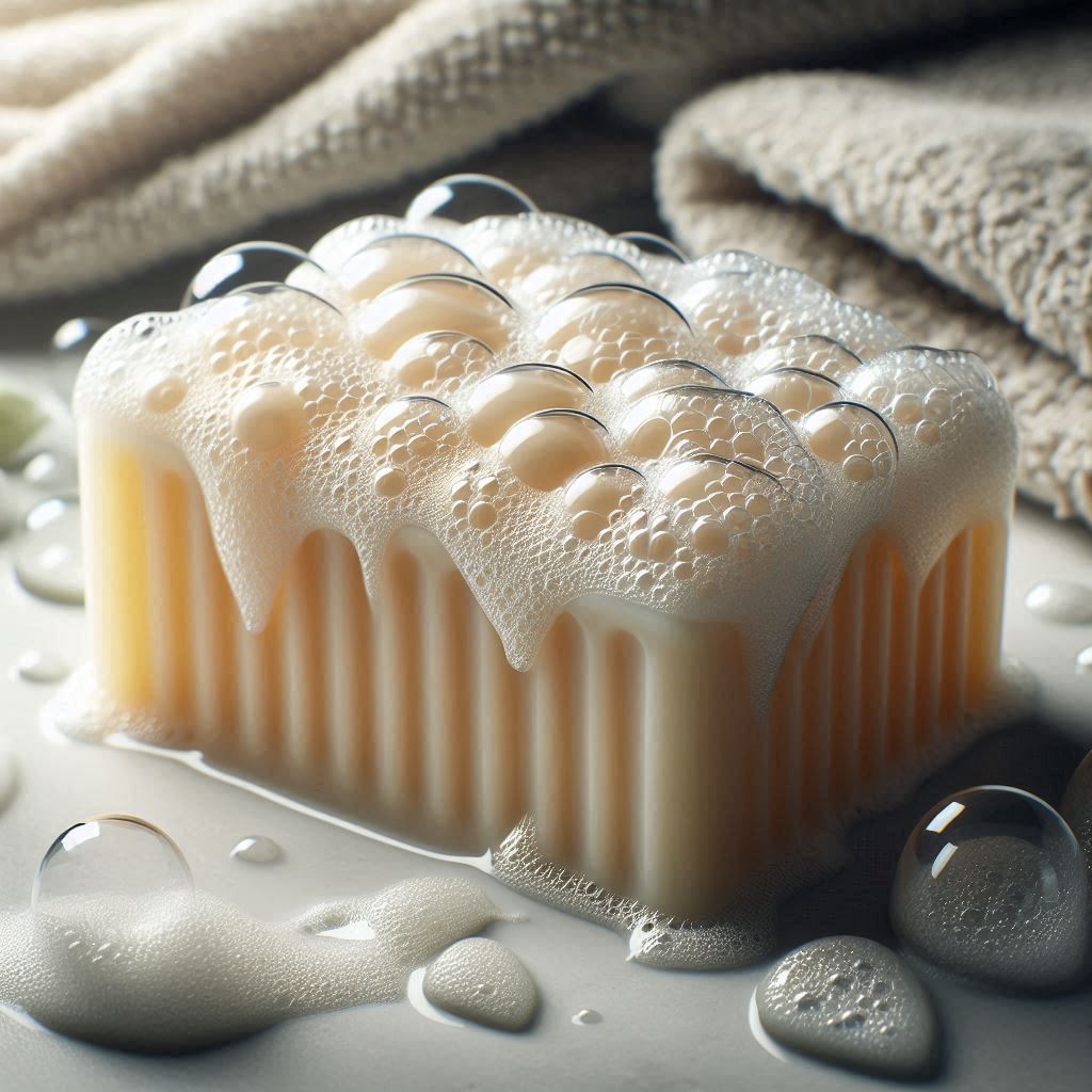 A bar of tan soap covered in lather. It is safe and comfortable.